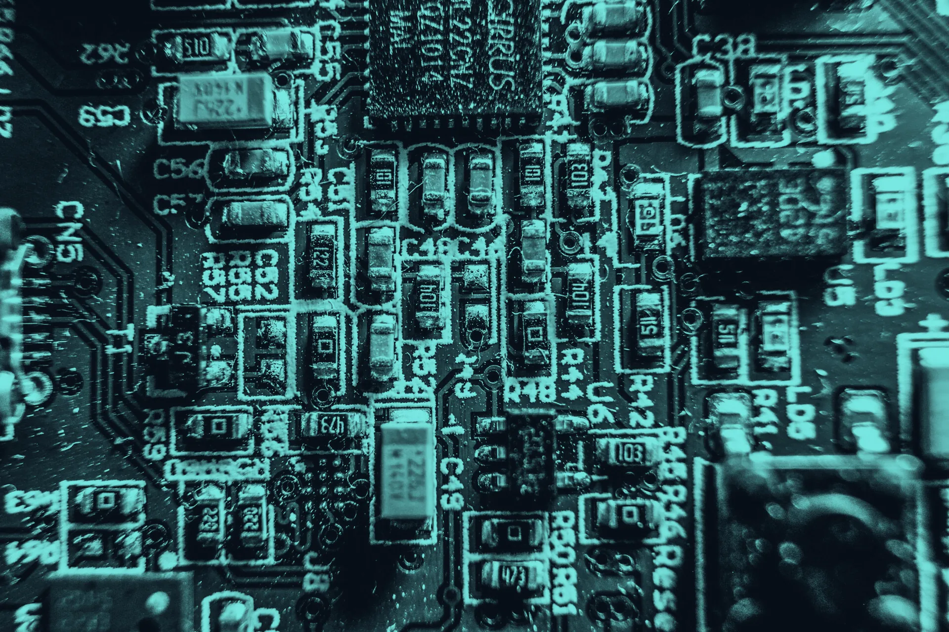 Macro photograph of a densely populated printed circuit board